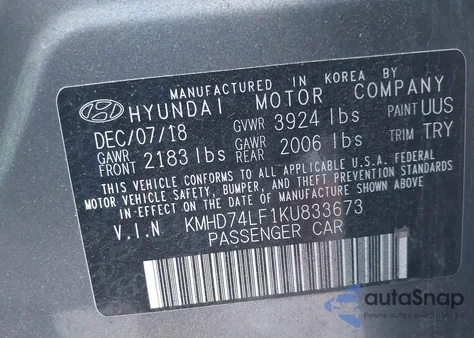 2019 Hyundai Elantra Se z USA, uszkodzony, nr VIN KMHD74LF1KU833673